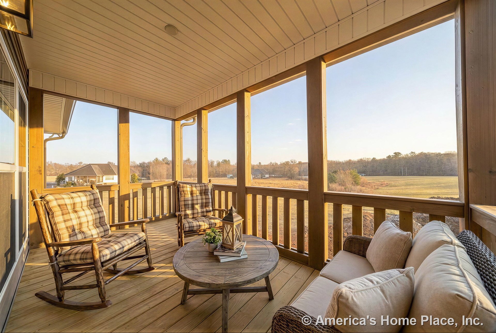 Covered screened porch featuring wood plank flooring, wood railing, beige paneled ceiling with built-in lighting, and exterior trim detailing.