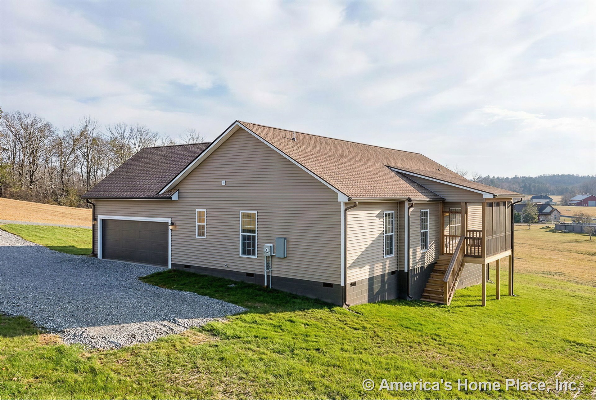 Beige vinyl siding exterior with attached two-car garage, screened porch featuring wooden stairs, multiple double-hung windows, gabled roof, white trim, gravel driveway, visible