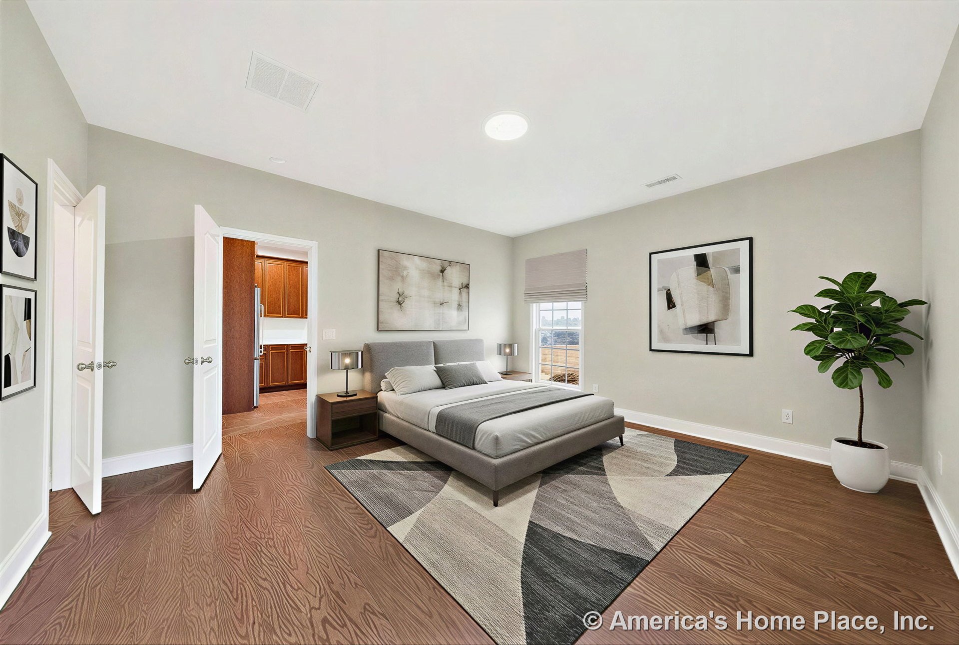 Bedroom with wood flooring, neutral painted walls, large window with built-in shade and trim, white double doors, recessed ceiling light, ceiling vent, baseboards, and partial view