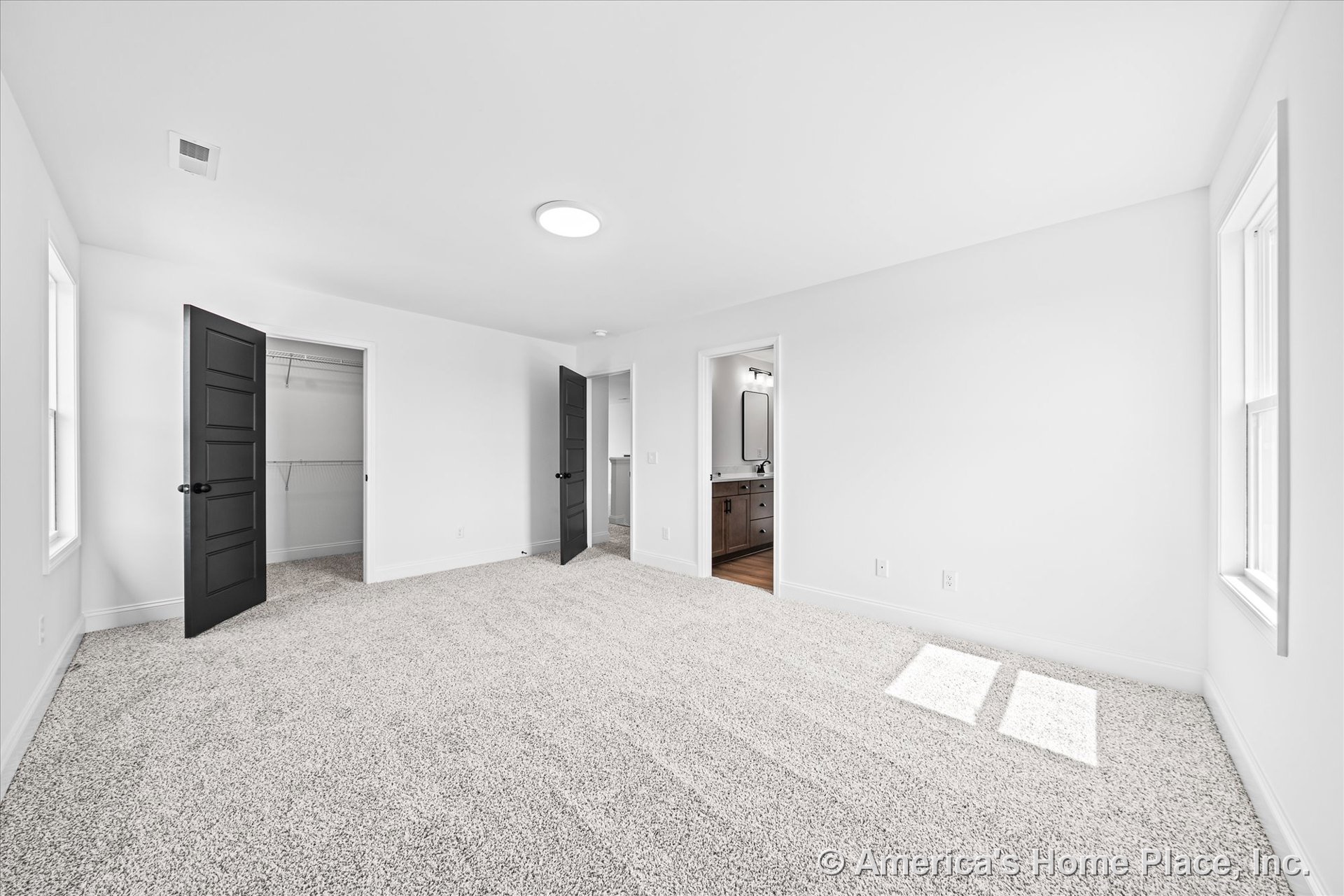 Bedroom with light carpet flooring, white walls and trim, black paneled doors, walk-in closet, large windows, ceiling light fixture, and en suite bathroom featuring wood vanity