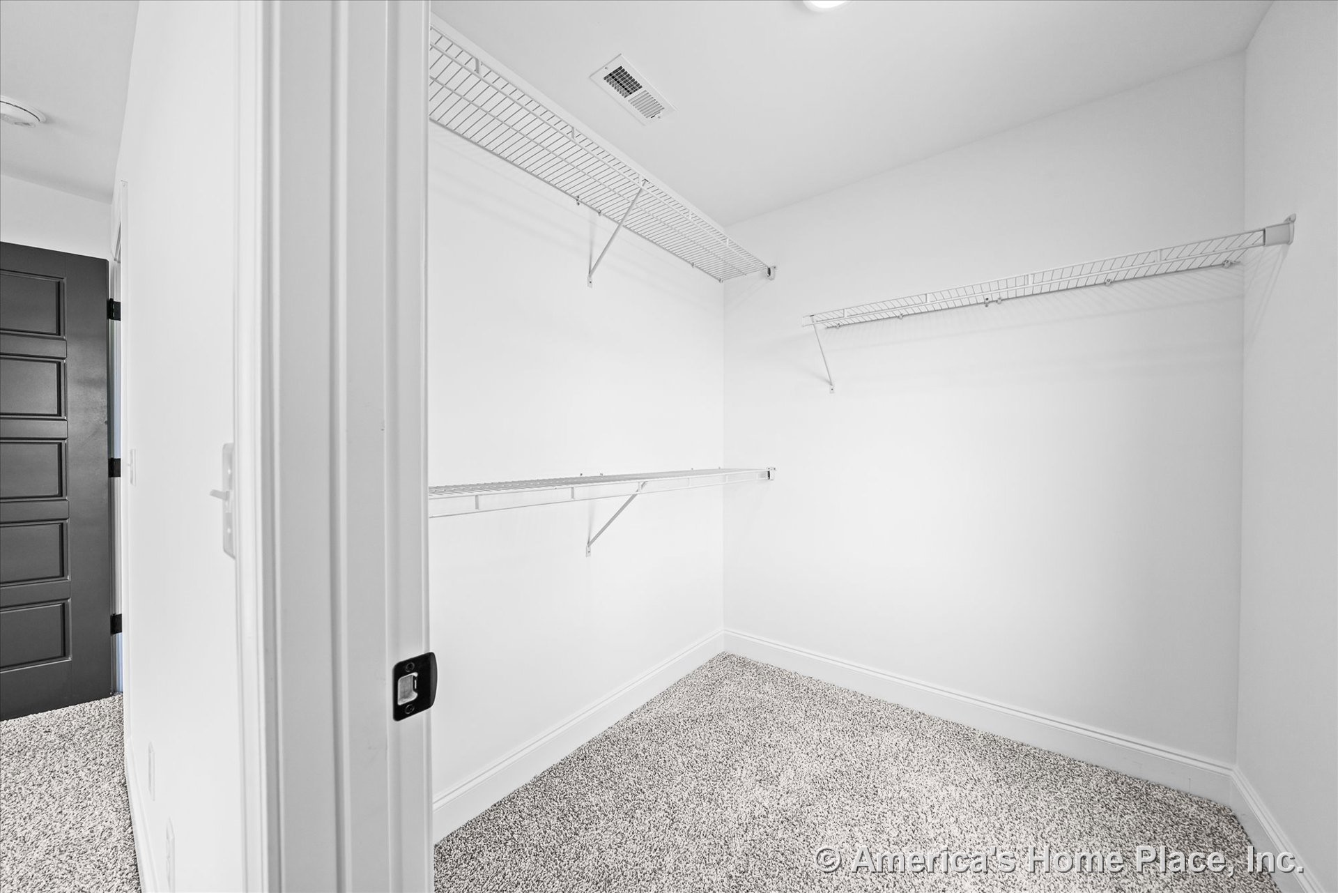 Walk-in closet with white wire shelving, carpeted floor, white walls, black paneled door, overhead ceiling light, and baseboard trim.