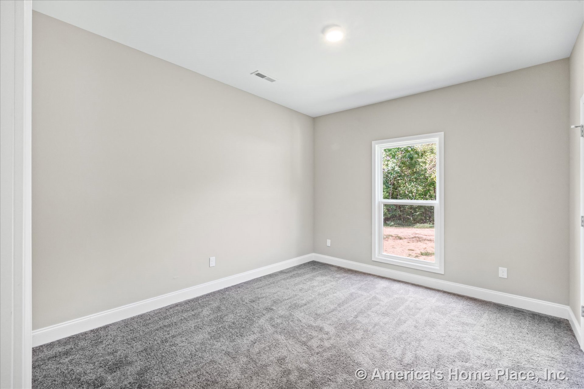 Large bedroom with single window framed in white trim, gray carpet flooring, neutral beige walls, white baseboards, recessed ceiling light, and rectangular layout.