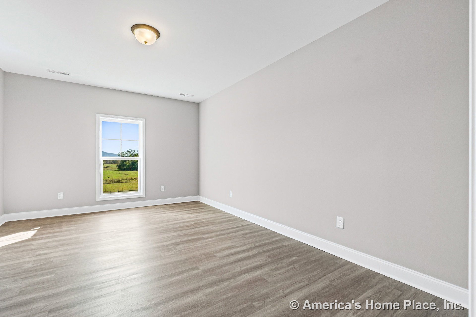 Bedroom with light gray walls, single window framed in white trim, wood-look vinyl plank flooring, white baseboards, and flush mount ceiling light in an empty, minimalist interior.