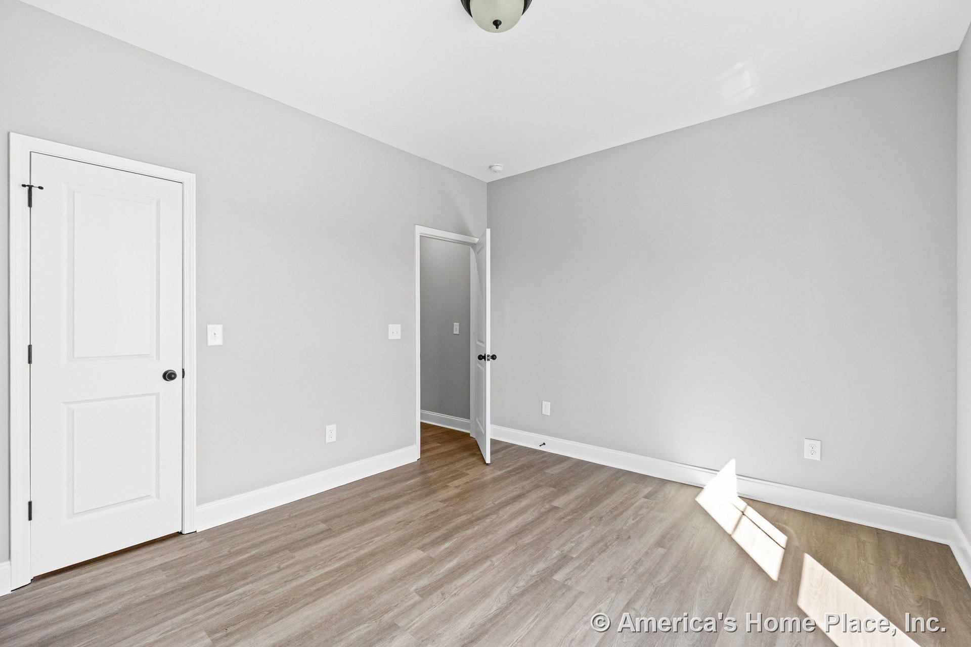 Bedroom with light wood-look flooring, gray painted walls, white baseboards, two white paneled doors, flush mount ceiling light, and natural light highlighting modern minimalist