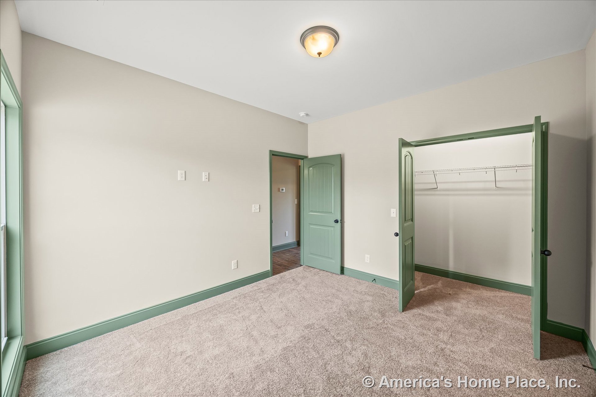 Green-painted trim, doors, and baseboards accent a bedroom with carpet flooring, neutral walls, ceiling-mounted light fixture, large window with matching green casing, and walk-in