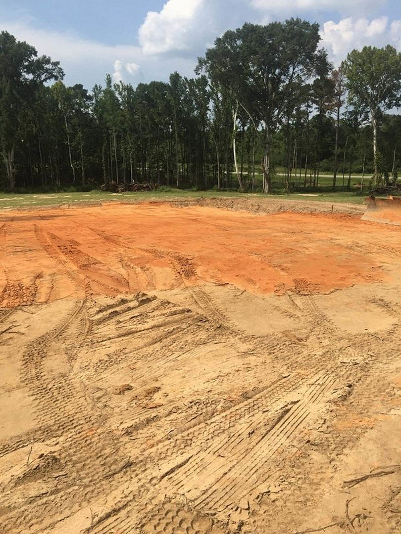 Dirt lot with visible tire tracks, surrounded by tall trees under a partly cloudy blue sky
