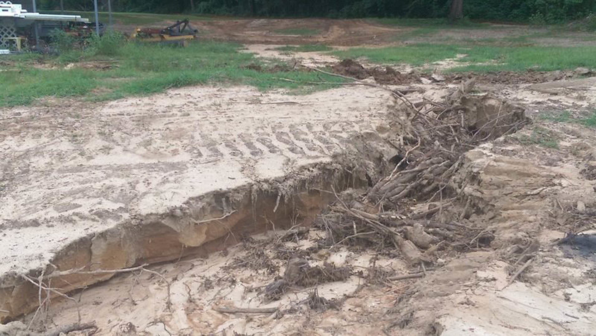 Dirt road with a large pile of branches and sticks, surrounded by grass and soil, outdoor setting with trees and plants in the background