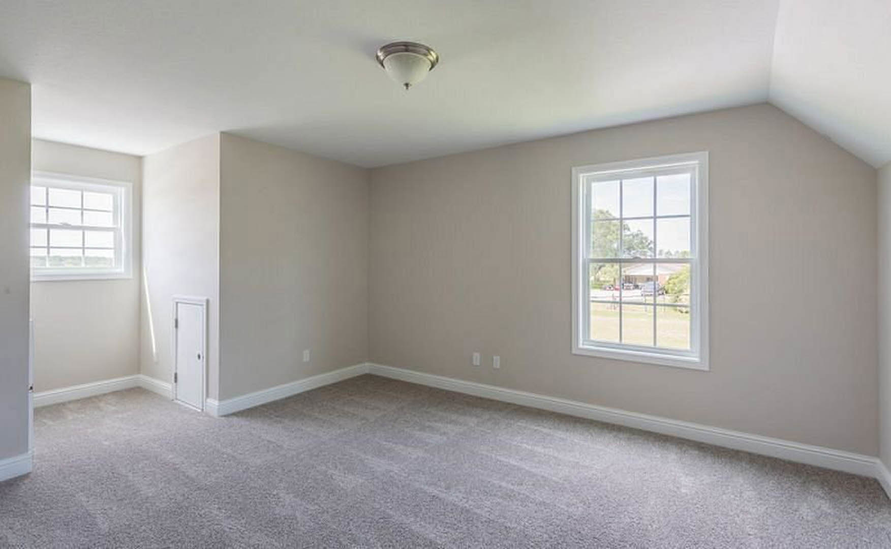 Carpeted room with white walls, multi-pane window showing house and trees, white door with black handle, close-up of modern light fixture, simple molding along baseboards