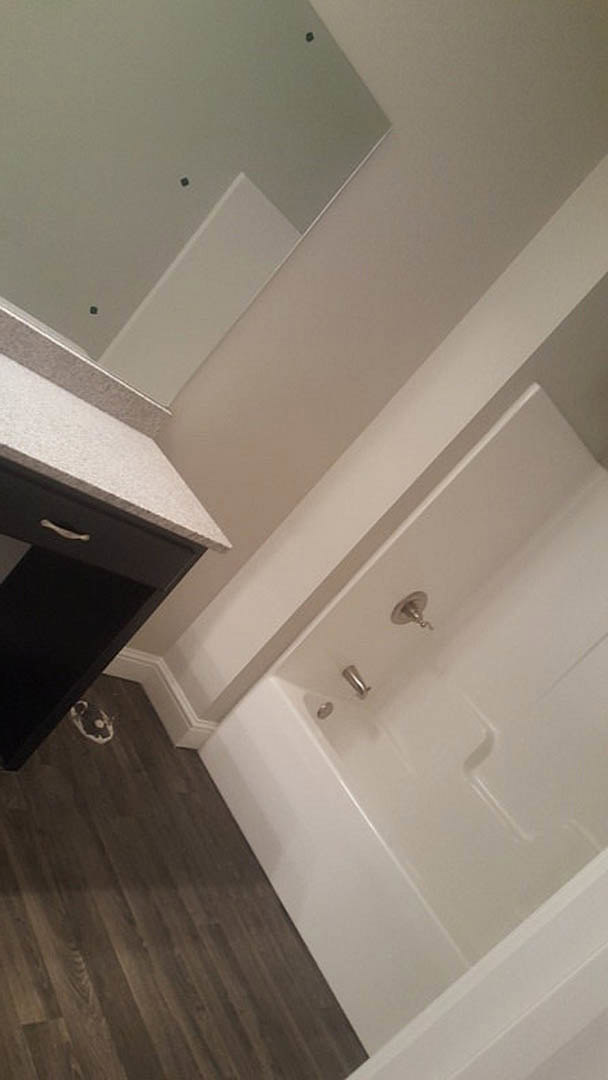 Modern bathroom featuring a freestanding bathtub with chrome faucets, white countertop sink, wood flooring, plaster walls, and a white ceiling with recessed lighting.