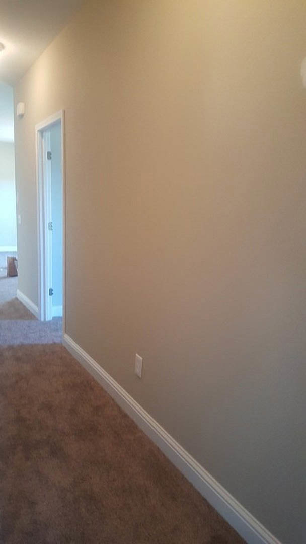 Hallway with white walls, brown carpet flooring, and an open white door revealing a carpeted room; wall-mounted light fixture visible.