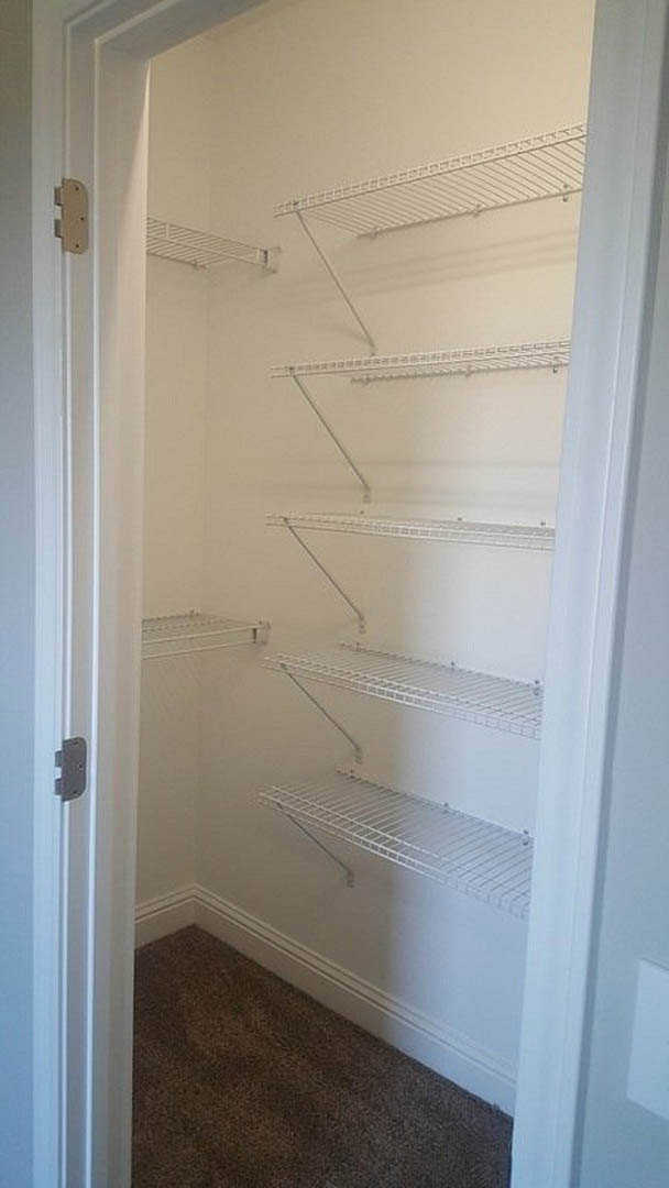 Carpeted closet with built-in white shelves, white door, and metal wall vent