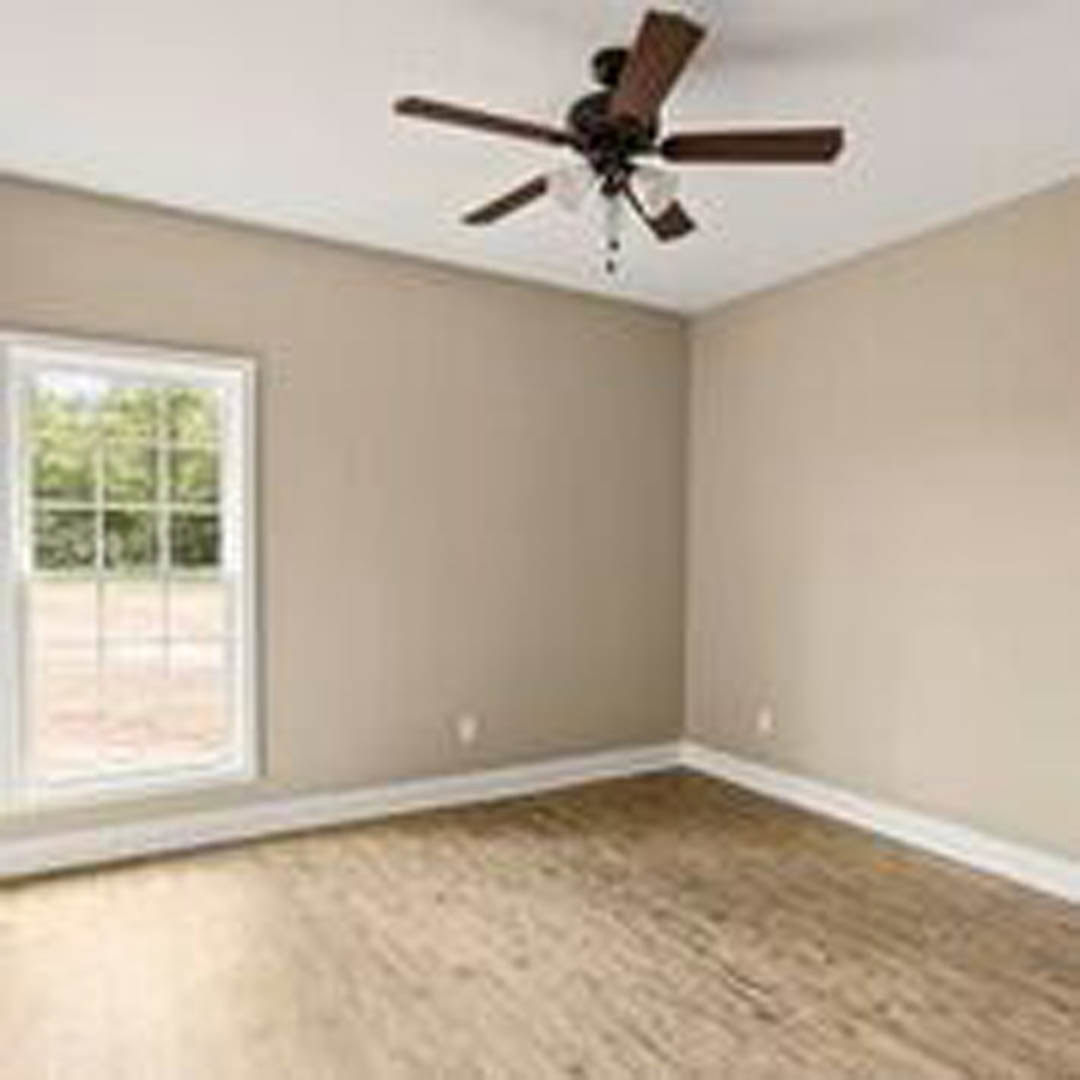 Carpeted room with white ceiling, ceiling fan with light, large window showing outdoor view, neutral walls, wood laminate flooring near window.