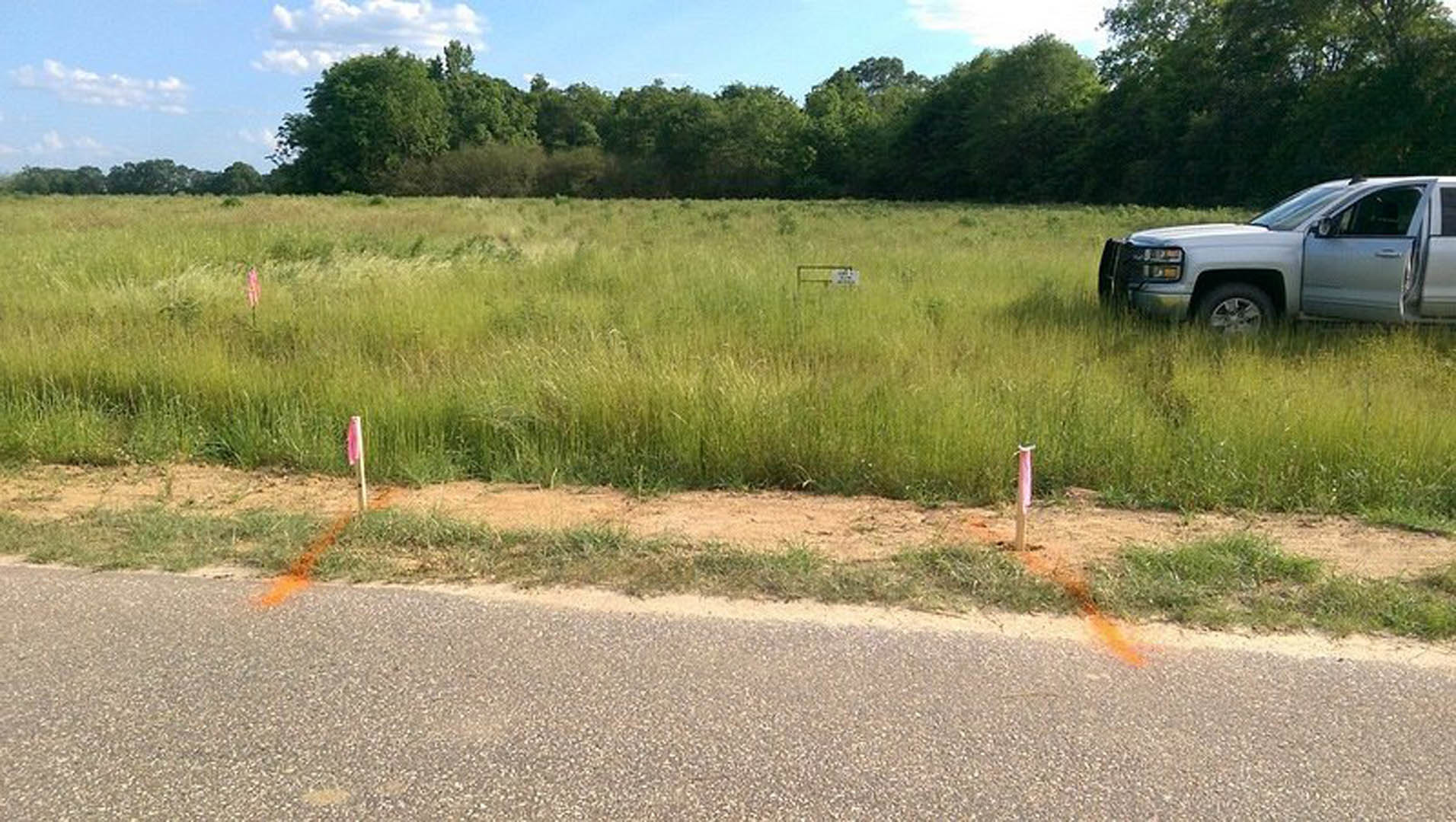 White pickup truck parked on grassy field bordered by tall trees, cloudy sky overhead, utility pole visible in foreground.
