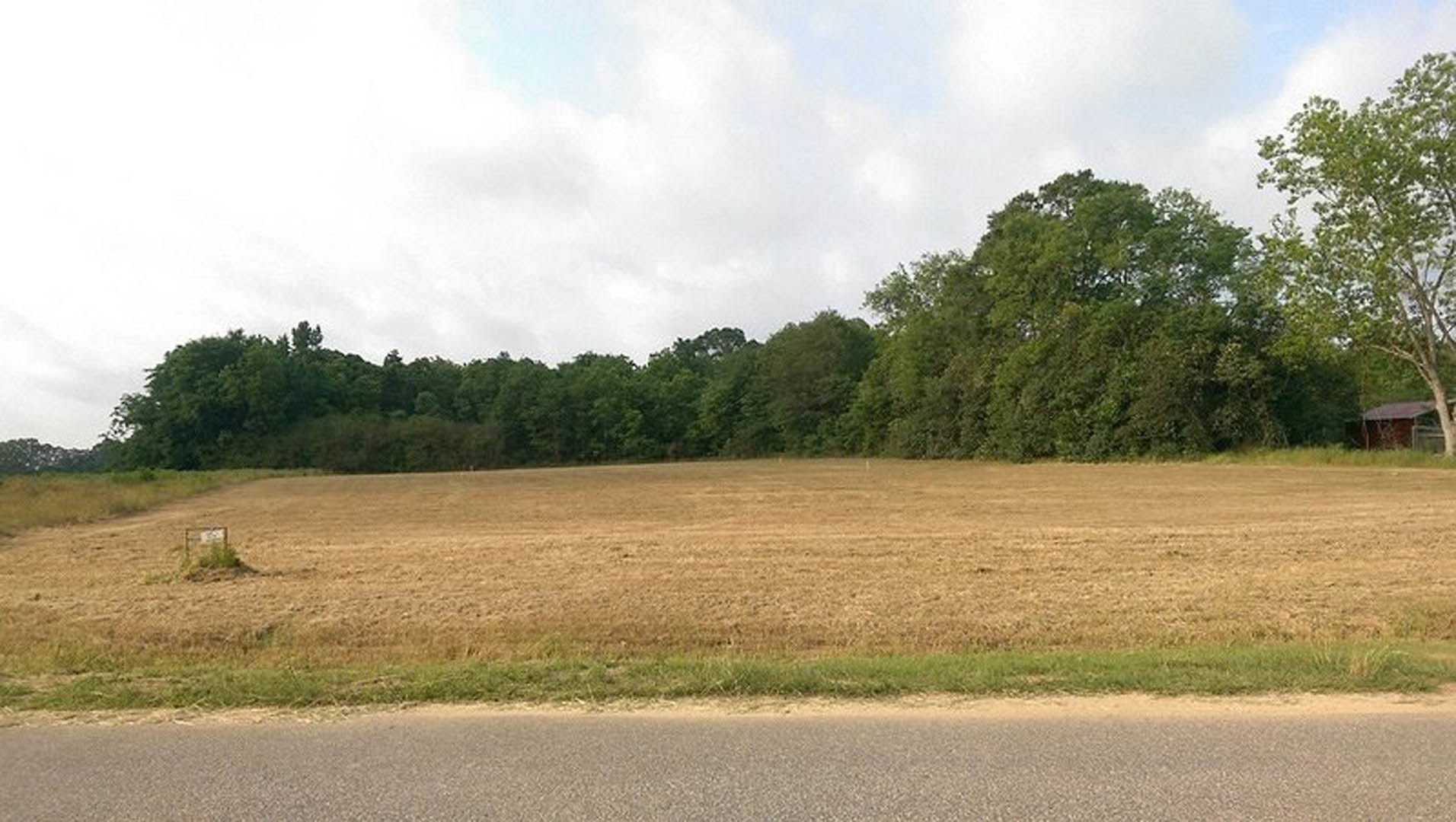 Brown grass field bordered by scattered trees, cloudy sky overhead, small shed near tree line