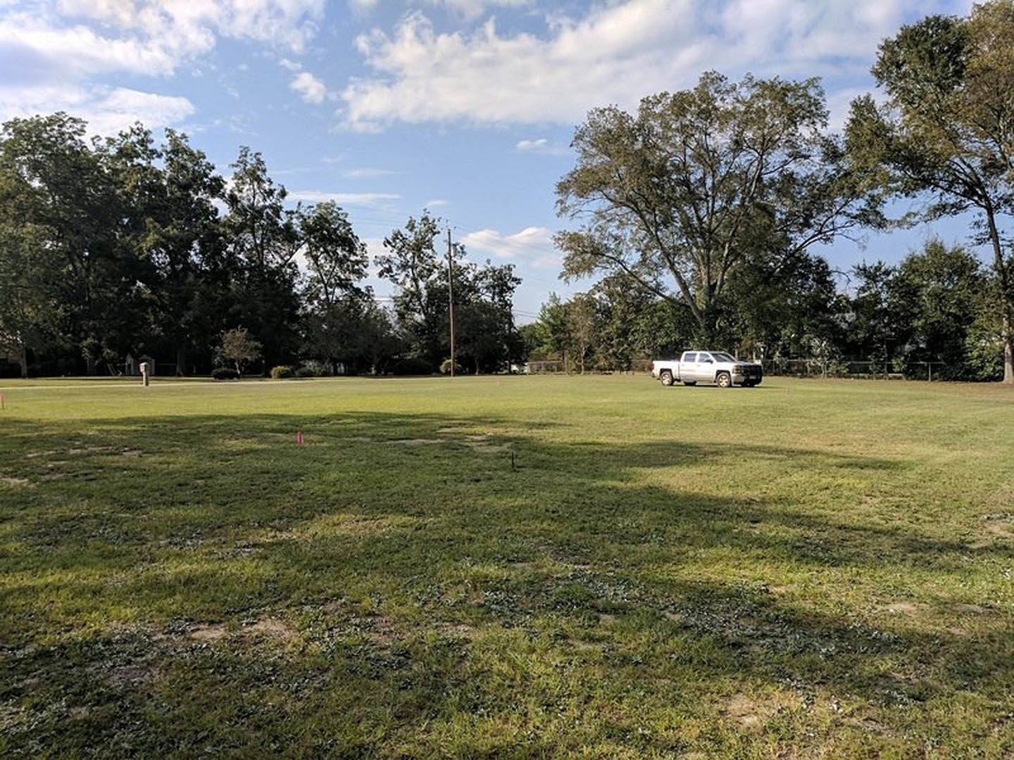 White truck parked beside a leafless tree in grassy field under blue sky with scattered clouds