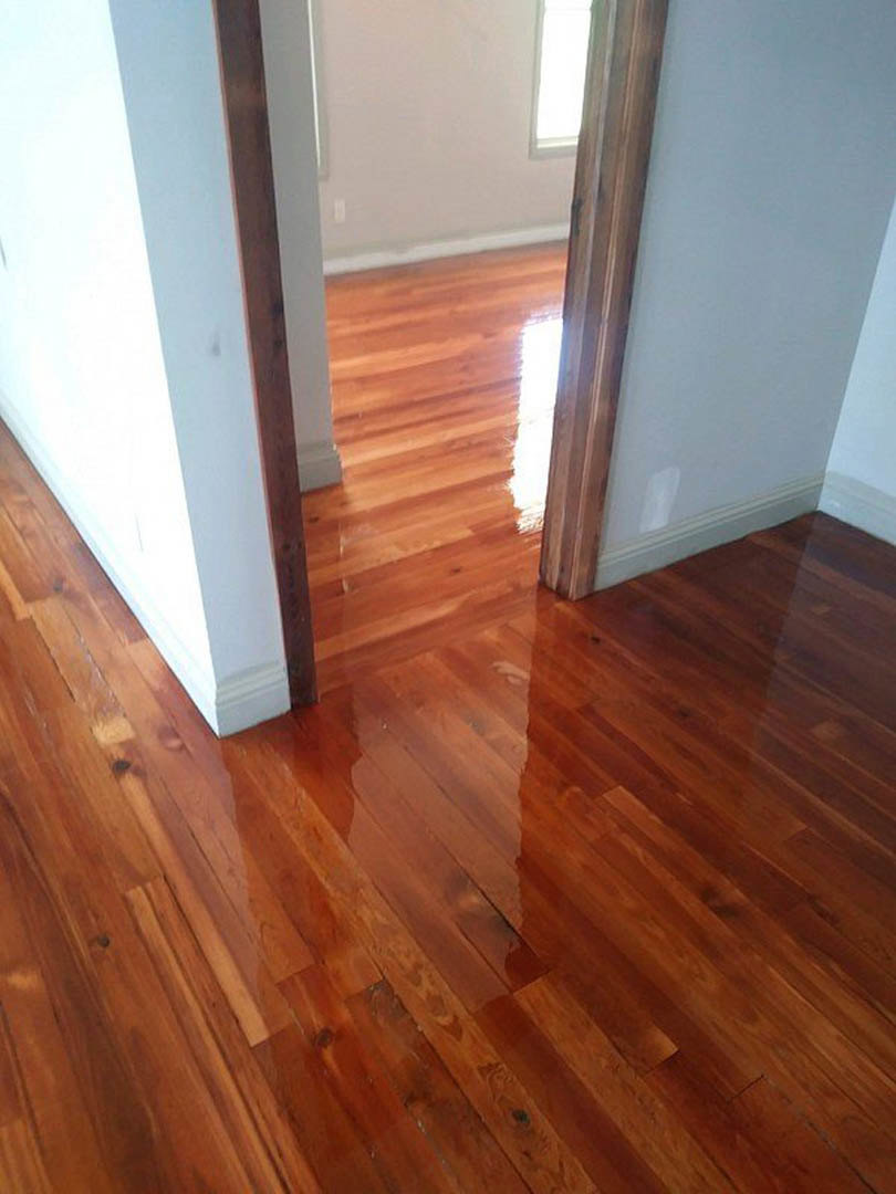 Flooded hardwood floor with standing water, white walls, wooden trim, and sunlight reflecting off wet surface