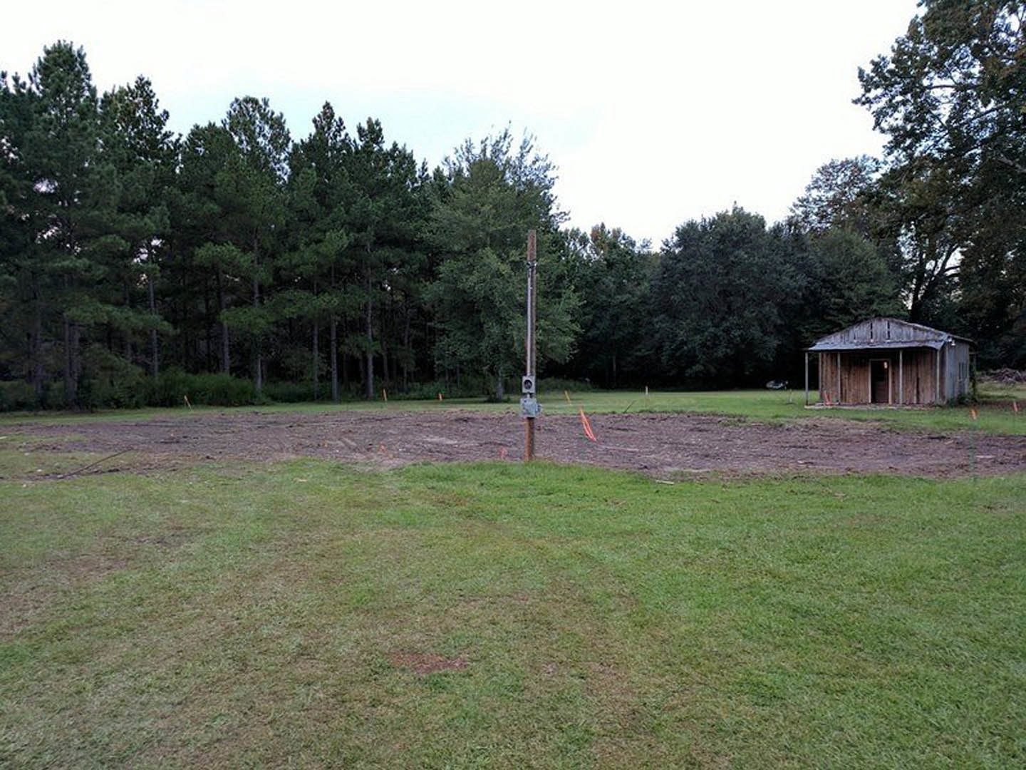 Wooden shed with open door situated on grassy field, utility pole nearby, distant trees lining horizon under clear sky