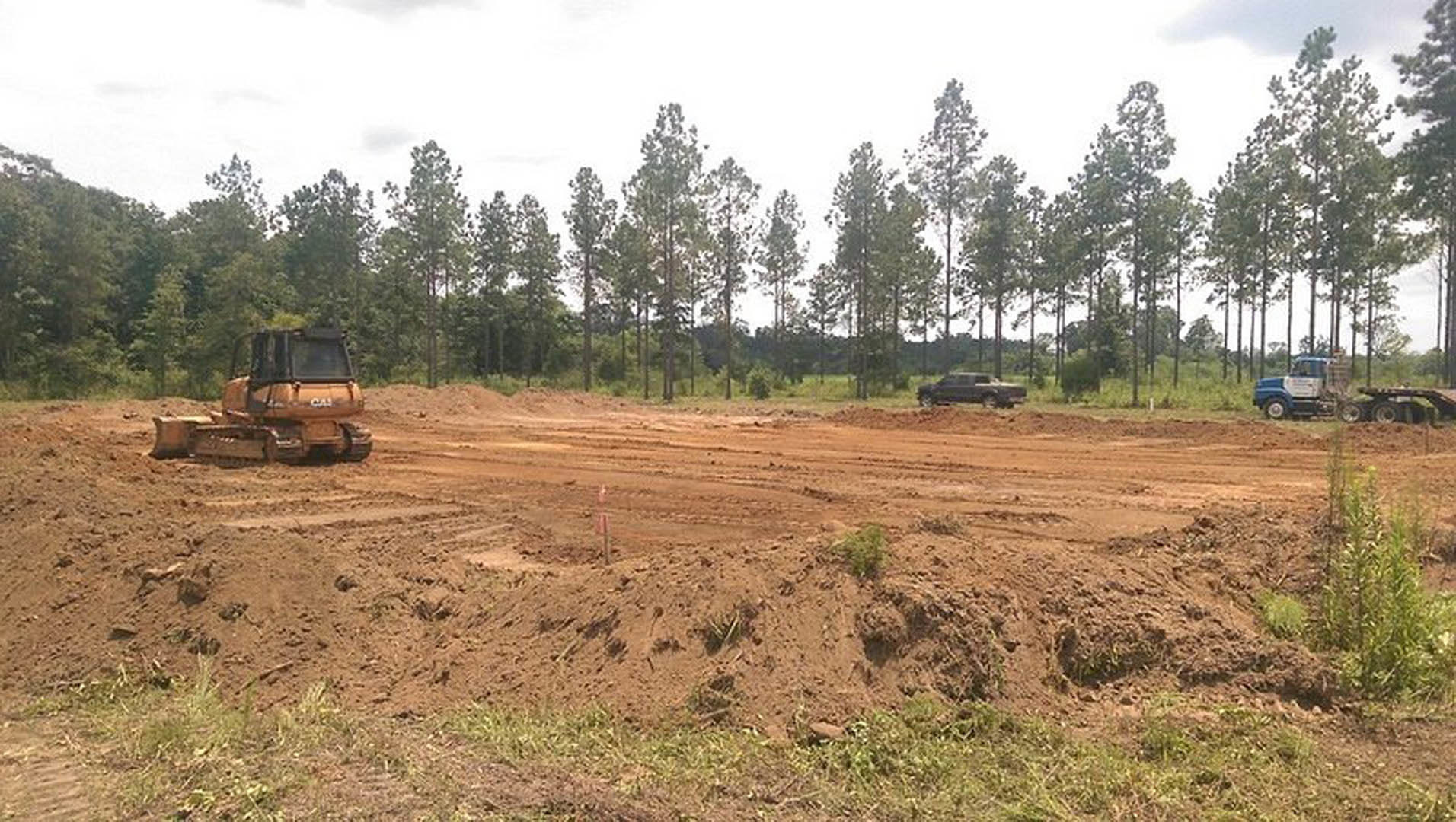 Blue and white truck parked on a dirt road beside grassy field and trees under open sky