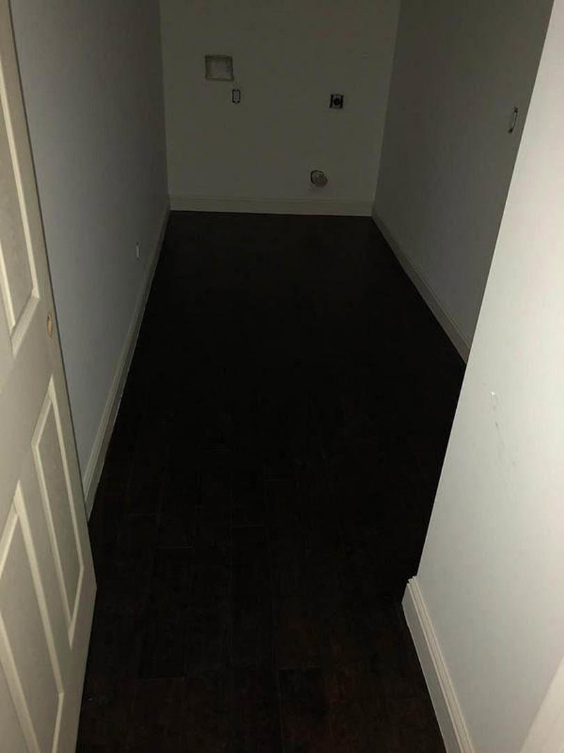 Dark hallway with rich wood flooring, white plaster walls, and a closed door visible along the corridor