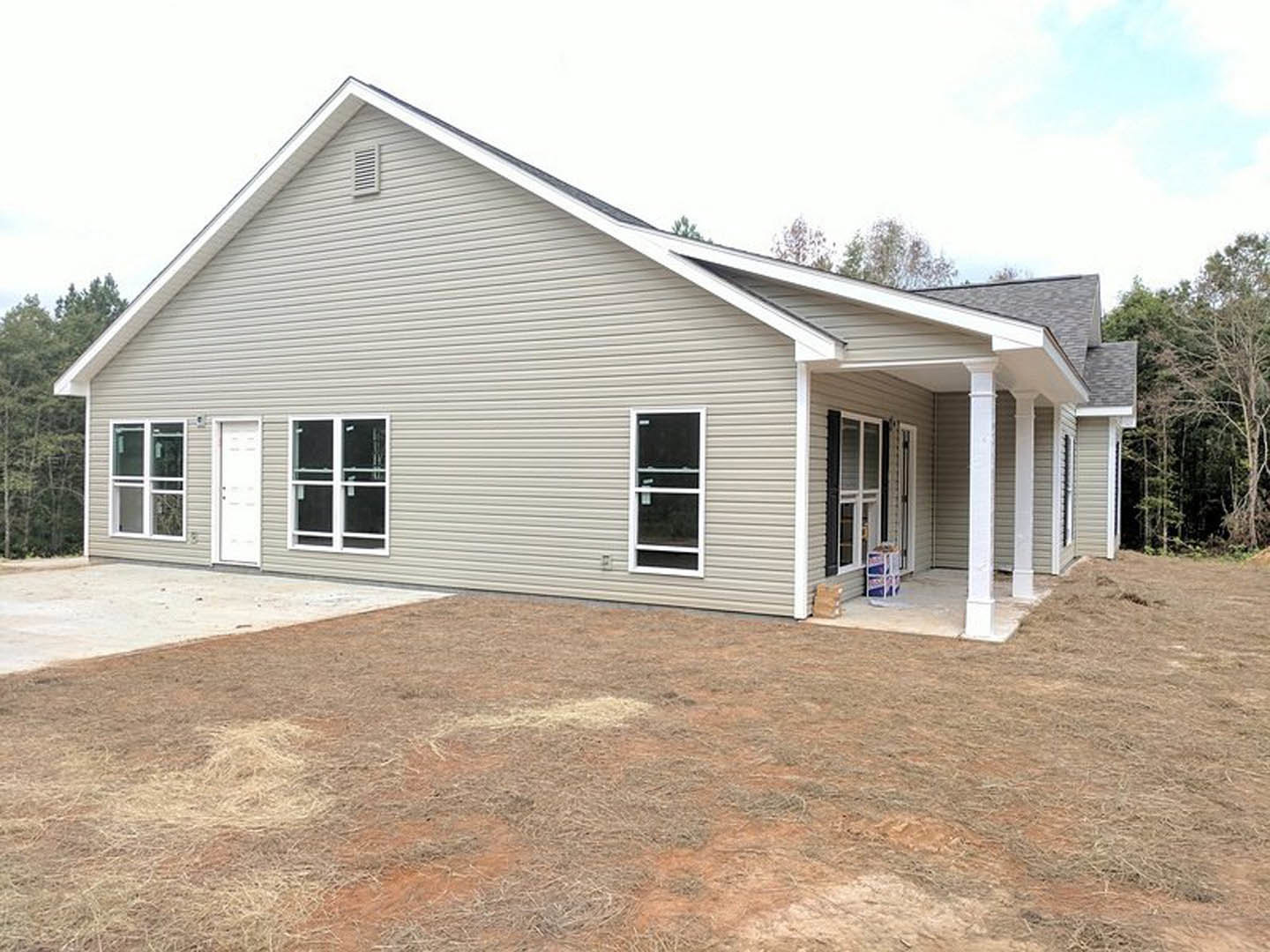 Two-story home with light siding, white-framed windows, attached garage, white front door, landscaped yard with grass and patch of dirt, mature tree, and clear sky.