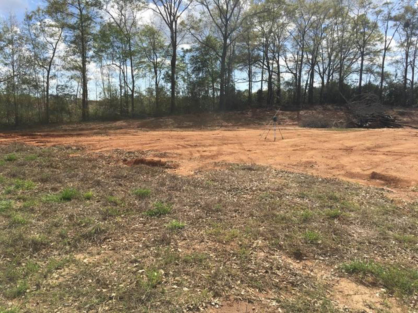 Dirt field bordered by trees under an open sky, with patches of grass and exposed soil