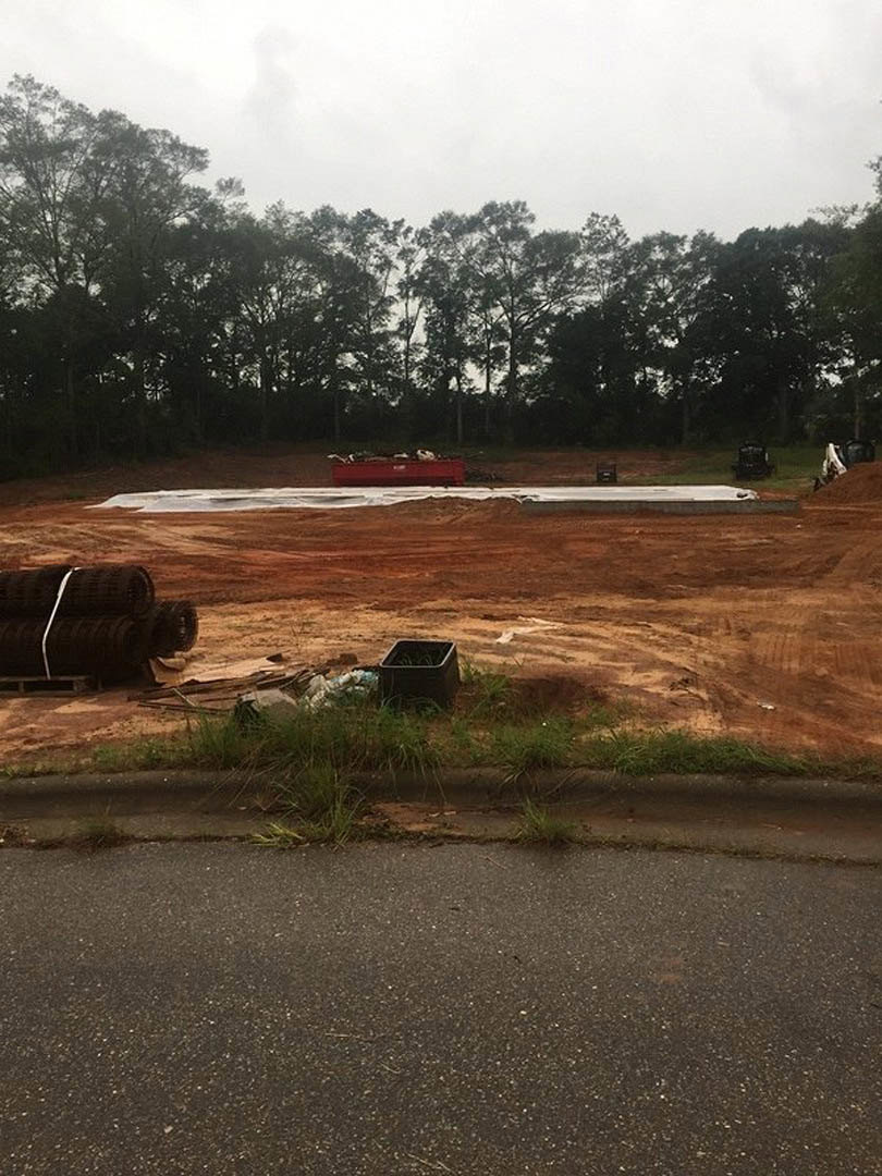 Dirt construction site bordered by tall trees, scattered black tires, green plants in a black container, and a trash can near unfinished road.