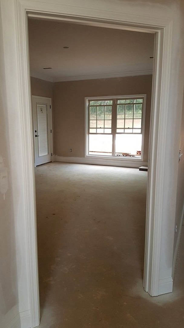 Carpeted room featuring a large window with outdoor view, white walls with crown molding, and a white door with black handle