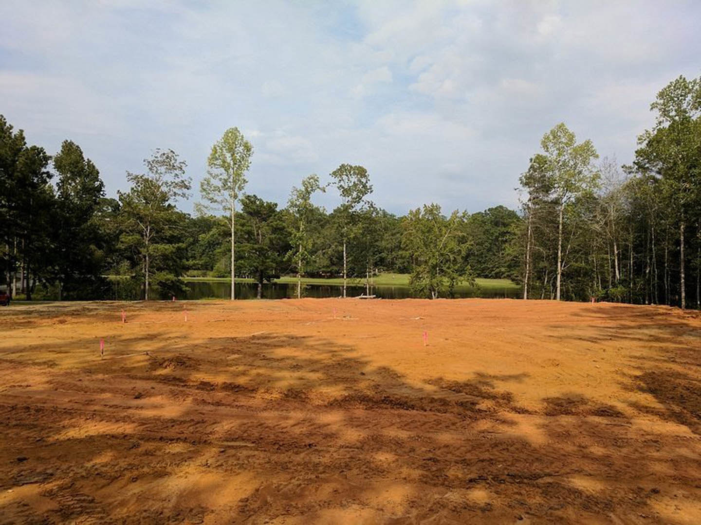Dirt field bordered by grass and trees, tall tree centered, lake visible in background under blue sky with scattered clouds