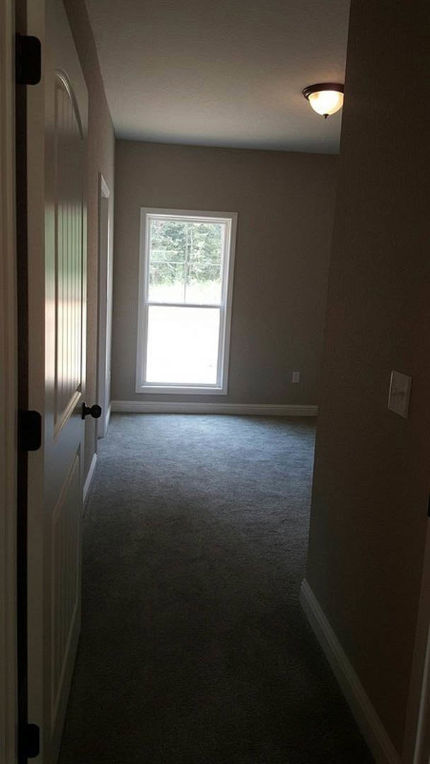 Dark carpeted hallway with daylight streaming through a white-framed window, white plaster walls, close-up of a door and light fixture