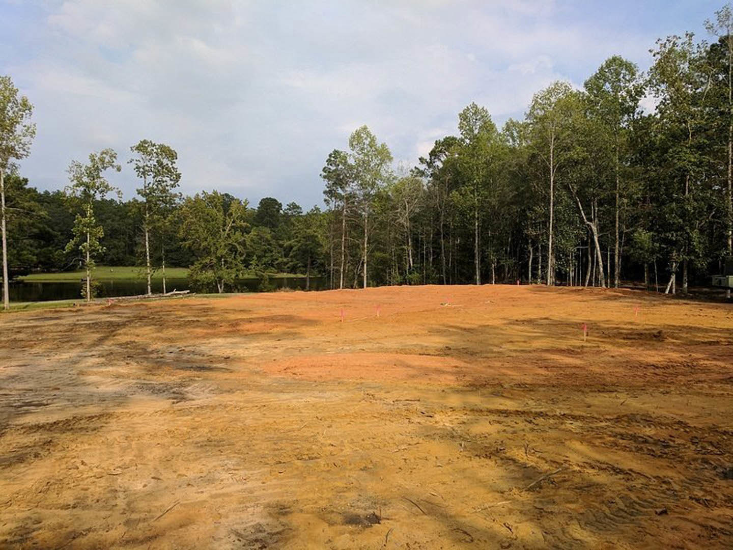 Dirt field bordered by green-leaved trees under a cloudy sky