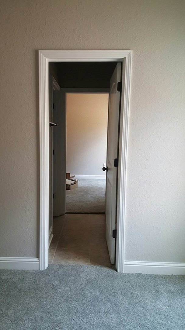 White plaster walls with a wooden door and silver handle, beige carpet flooring, doorway leading to a hallway in a residential home