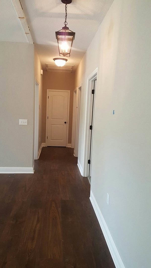 Hallway with dark wood flooring, white trim, white door with black knobs, and ceiling light fixture