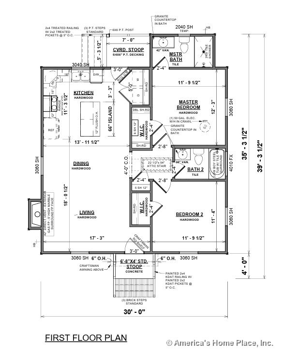 Open concept living and dining area with hardwood floors, kitchen featuring hardwood flooring, central island, and granite countertops; tile master bathroom with double sink