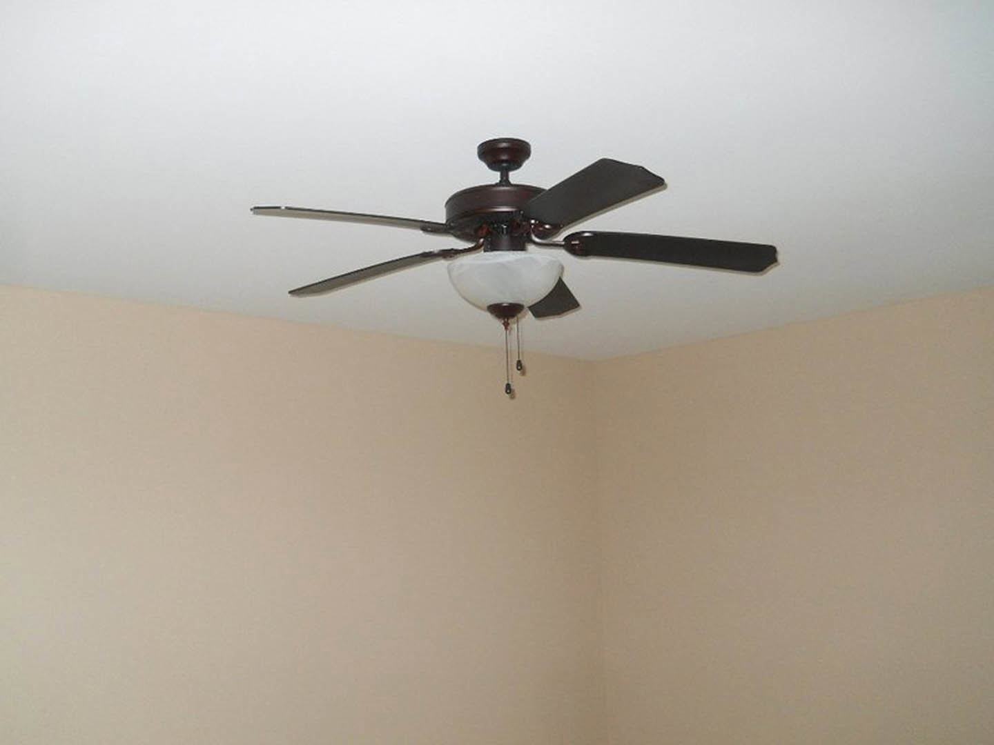 Ceiling fan with integrated light fixture mounted on white ceiling above neutral-toned walls