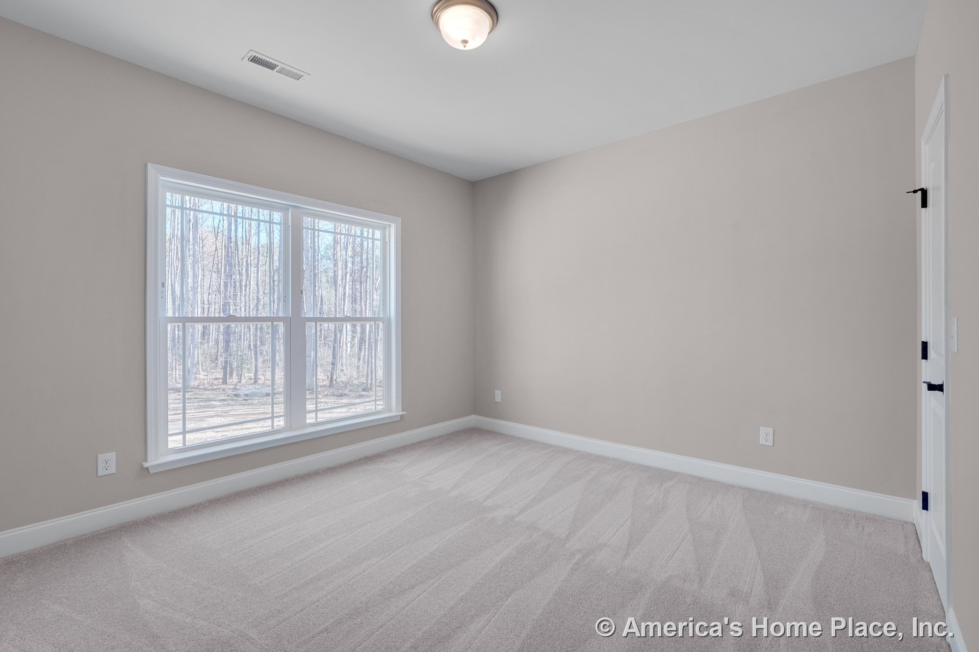 Bedroom with large double window framed in white trim, beige carpet flooring, neutral painted walls, white baseboards, flush mount ceiling light, and white interior door.