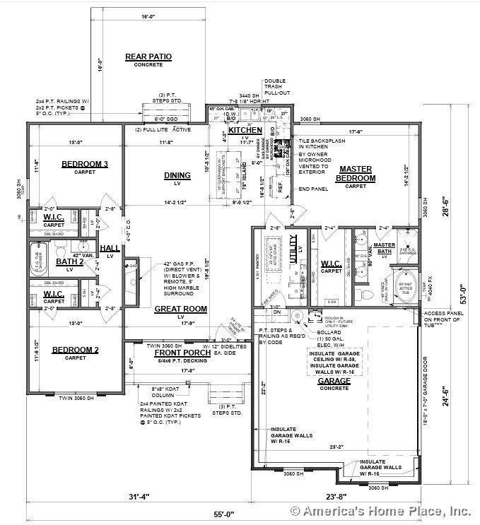 Three-bedroom custom home showcasing an open kitchen with tile backsplash, dining area, great room featuring a gas fireplace, master suite with walk-in closet and private bath
