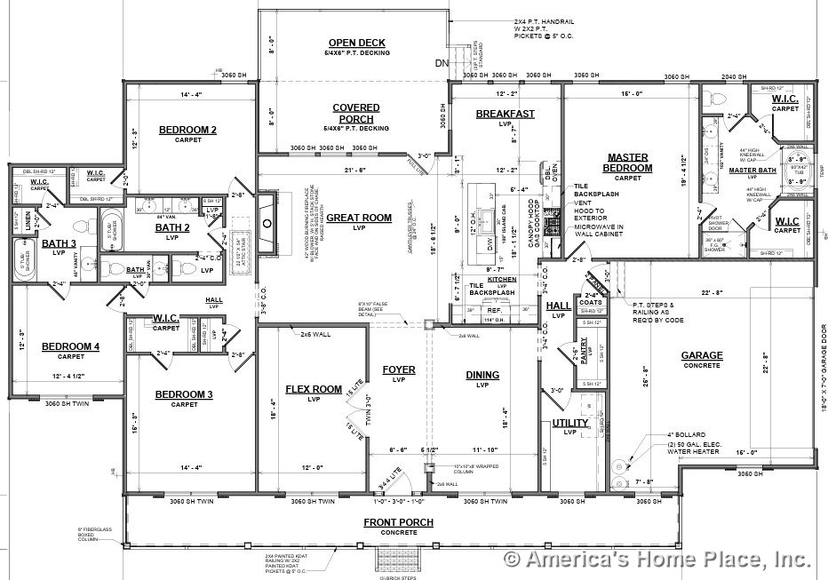Four-bedroom home with carpeted bedrooms, luxury vinyl plank flooring in the great room, tile kitchen backsplash, walk-in closets, covered porch opening to an open deck, and