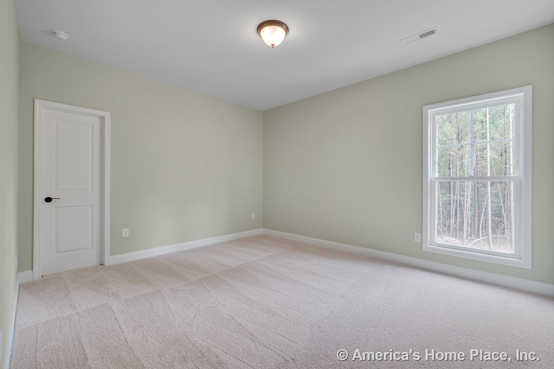 Bedroom with light green painted walls, beige carpet flooring, single-hung window framed in white trim, white paneled door, flush mount ceiling light, and white baseboards.