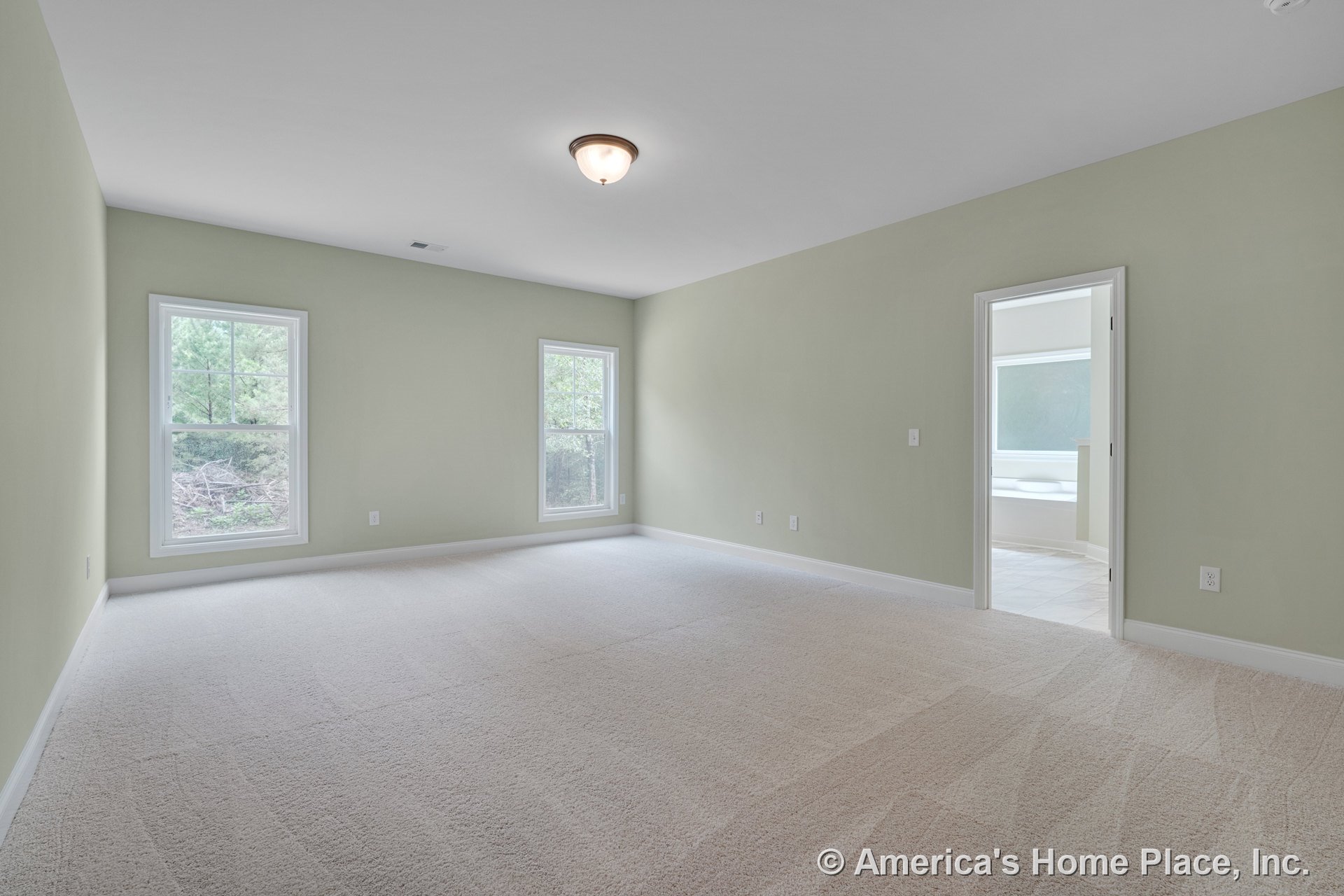 Spacious bedroom with light carpet flooring, two large windows, soft green painted walls, white baseboard trim, flush mount ceiling light, and doorway leading to bathroom.