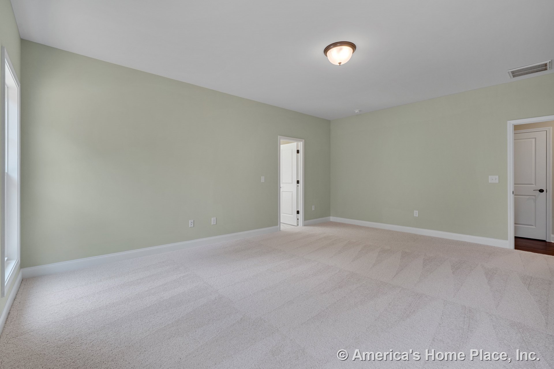 Spacious bedroom with light beige carpet flooring, soft green painted walls, large window framed in white trim, white baseboards, flush mount ceiling light, and white paneled