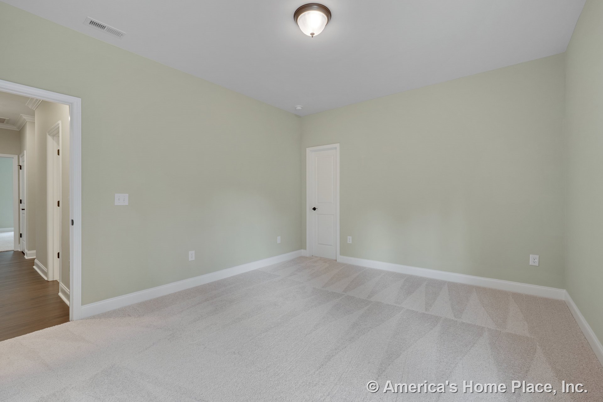 Bedroom with plush carpet flooring, light green painted walls, white baseboards and trim, flush mount ceiling light, white paneled door opening to interior hallway, visible wall