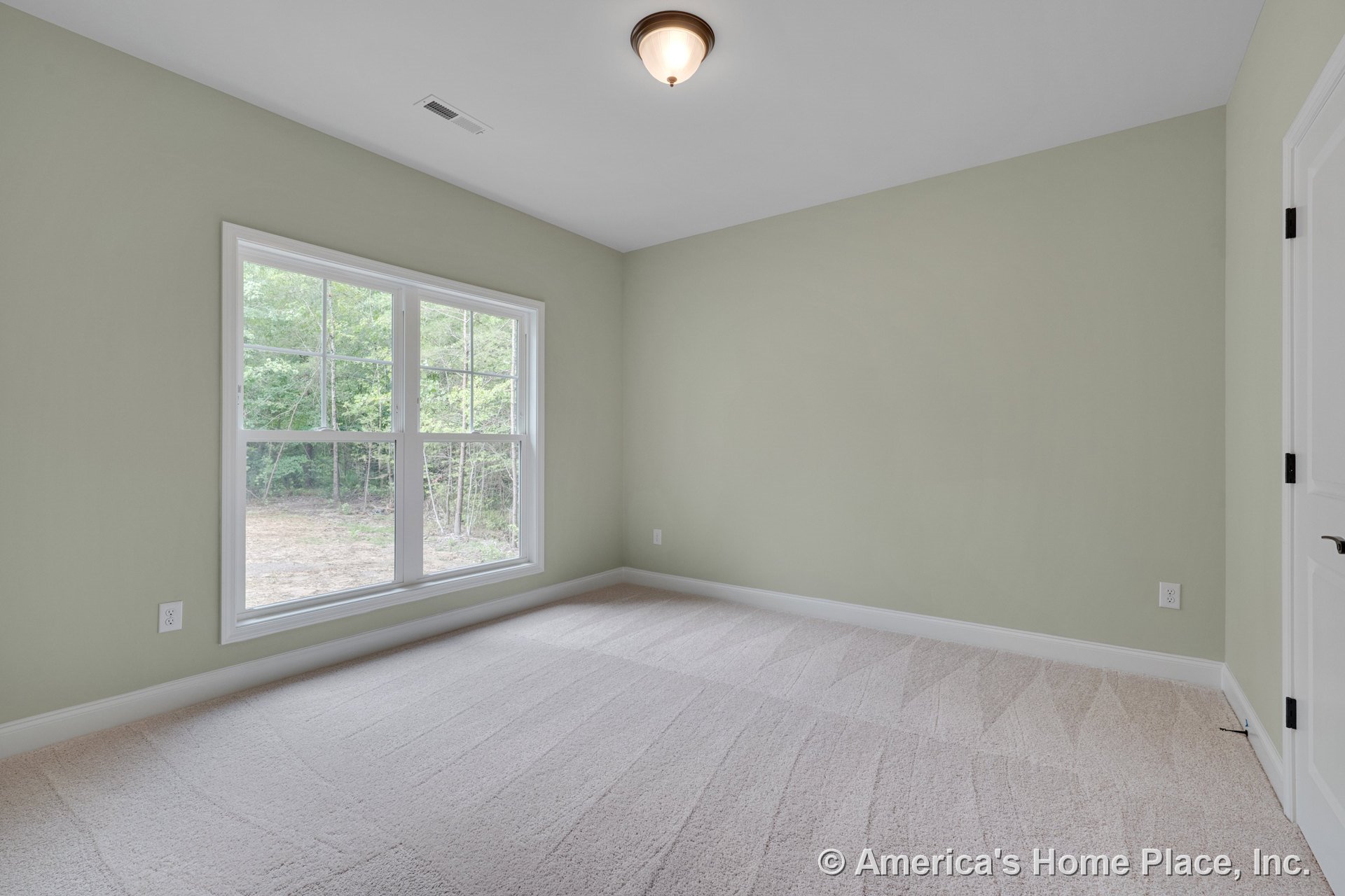 Bedroom with light green walls, large double window with white trim, plush carpet flooring, white baseboards, flush mount ceiling light, and white paneled door.