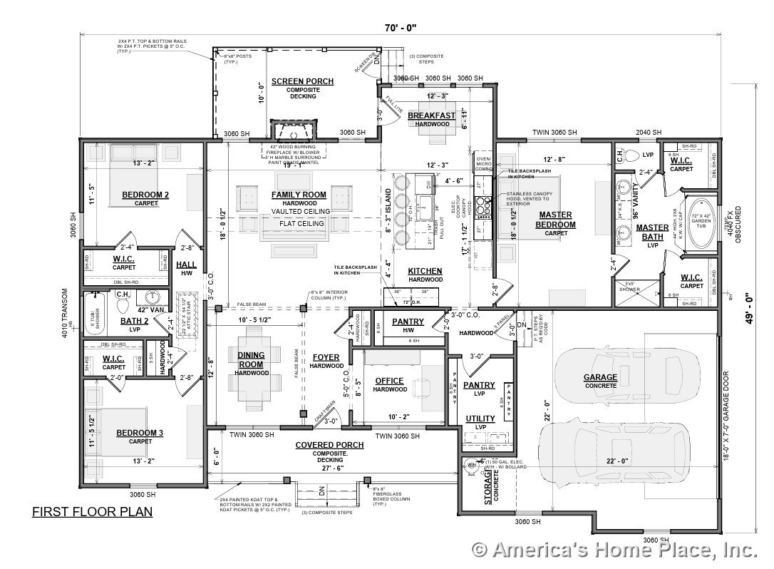 Vaulted ceiling family room with hardwood flooring, wood-burning fireplace, and open layout leading to kitchen with tile backsplash and island; composite decking visible on porch