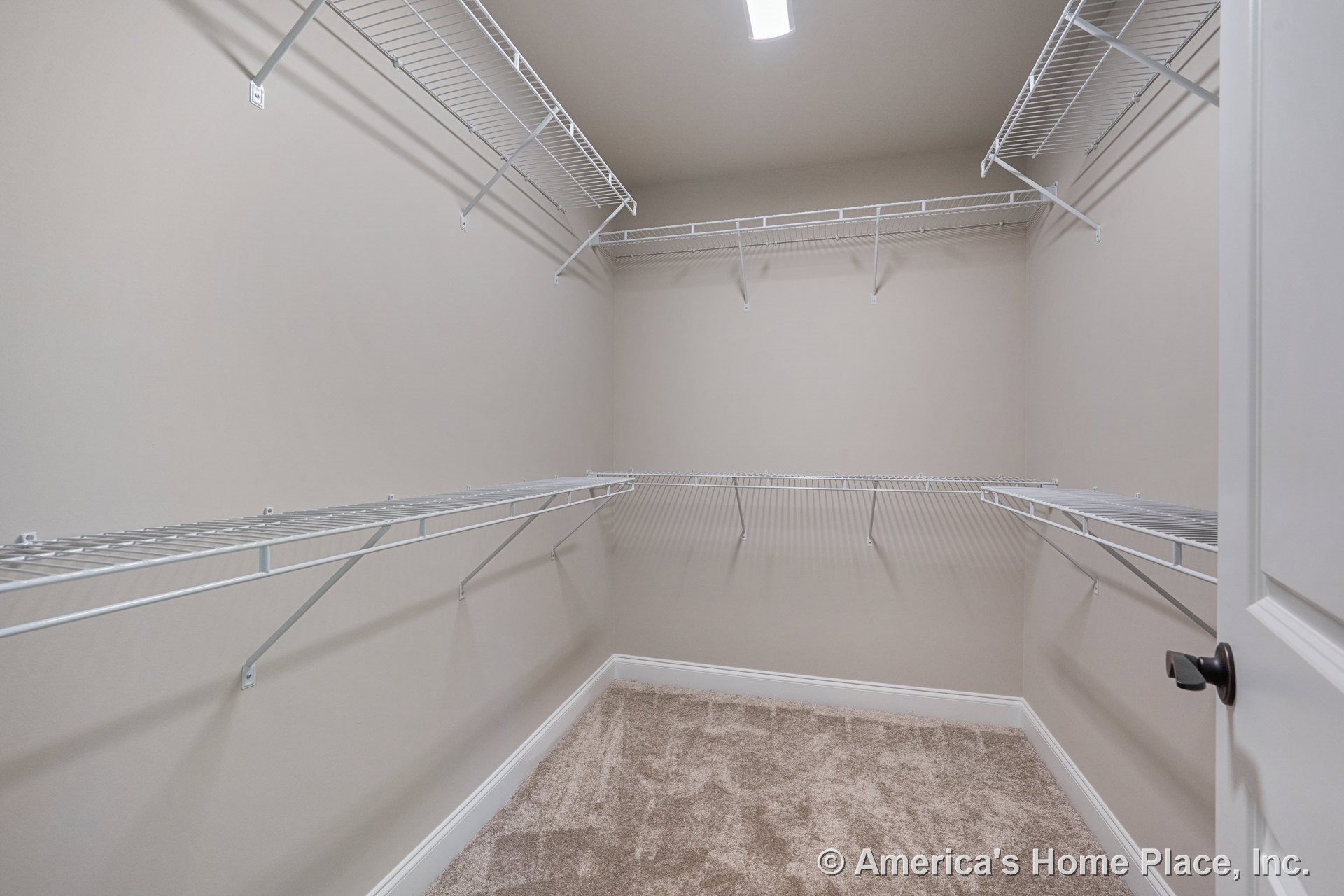 Walk-in closet with built-in wire shelving on three walls, beige carpet flooring, white trim baseboards, recessed ceiling light, neutral painted walls, and a white door with dark