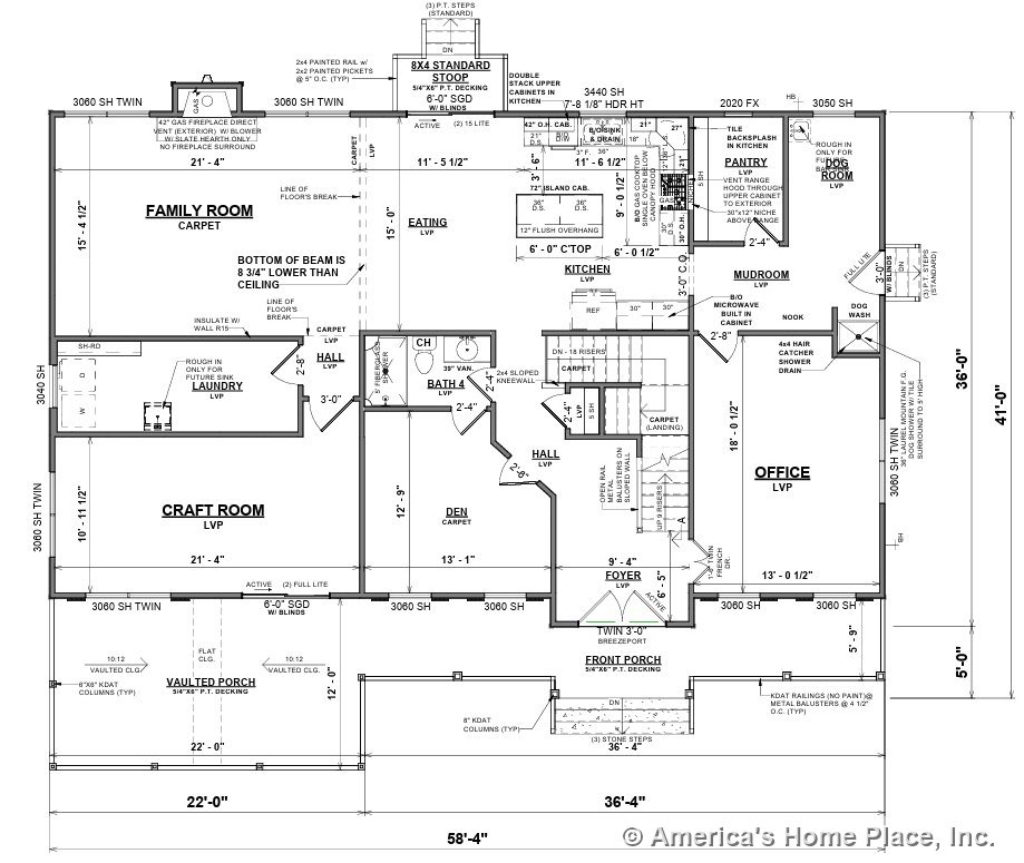 Vaulted porch with decorative columns, family room featuring carpet flooring, kitchen showcasing island cabinetry and tile backsplash, office with LVP flooring, pantry equipped