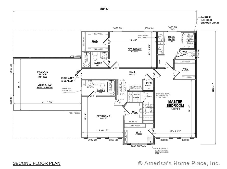 Second floor layout with carpeted master bedroom, three bathrooms featuring LVP flooring and double sink vanities, multiple walk-in closets, unfinished bonus room, hallway with
