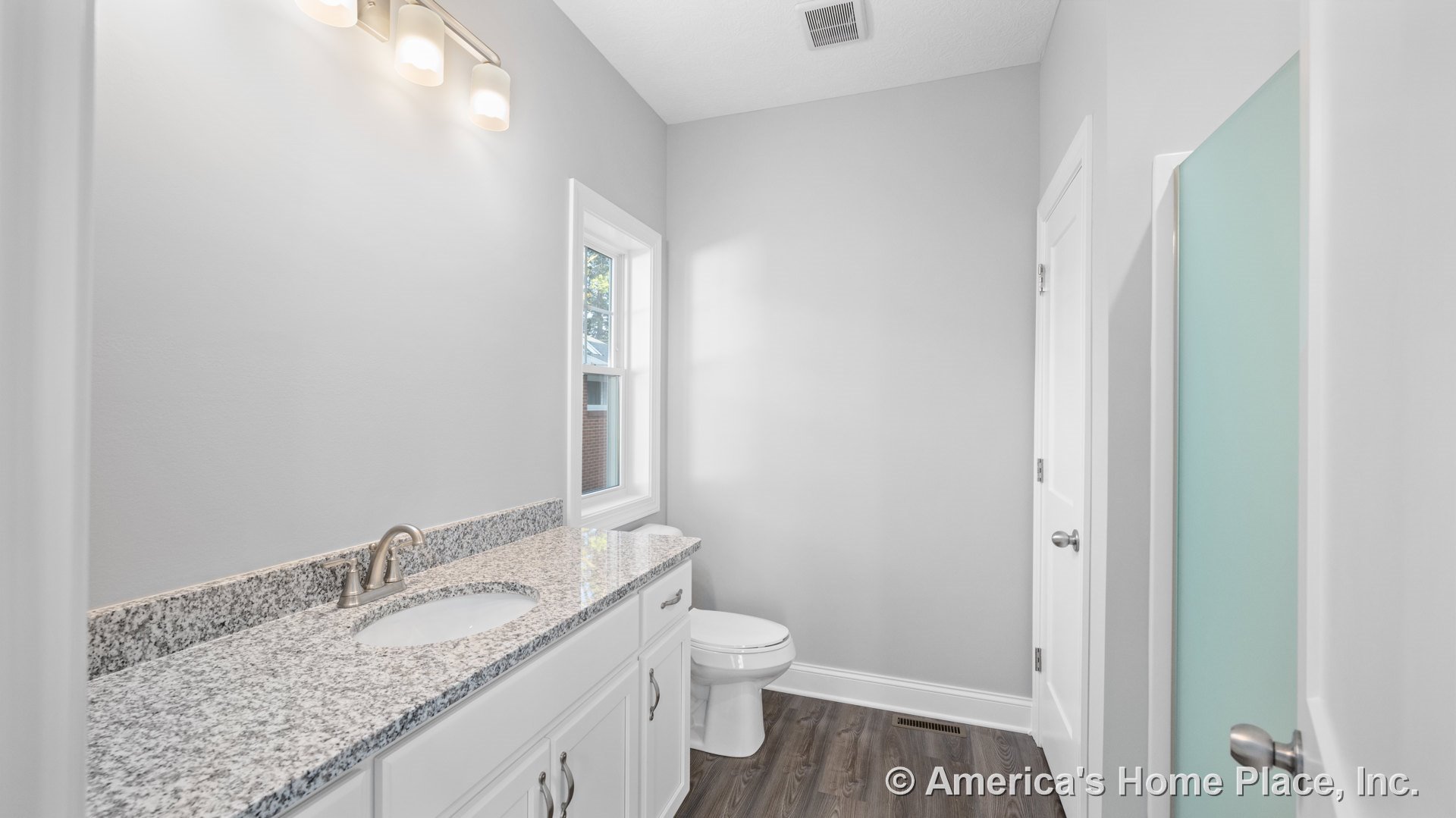 Granite vanity top with white shaker cabinets, single-handle faucet, wood-look flooring, three-light fixture above mirror, frosted glass shower door, single window, white trim, and
