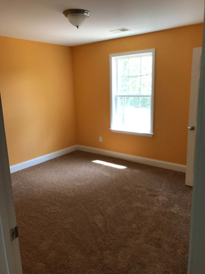 Neutral-toned carpeted room with white-framed window, plaster walls, and ceiling light fixture