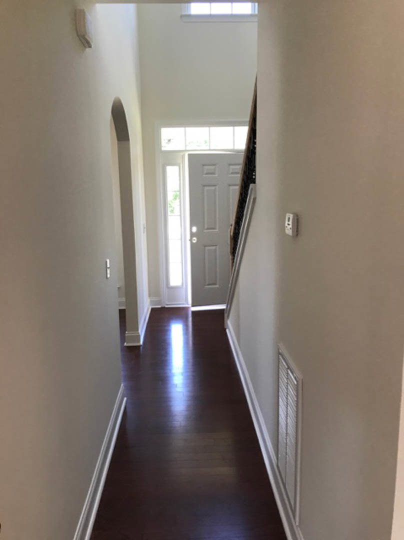 Hallway with light hardwood flooring, white walls, a solid white door, and a glass door framed in white; sunlight streaming through glass door onto floor.
