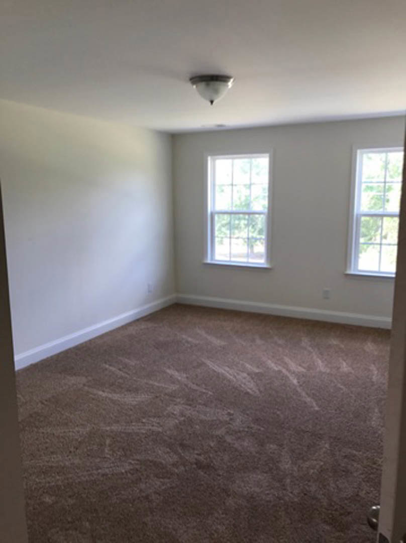 Carpeted room with two white-framed windows, neutral plaster walls, and ceiling light fixture
